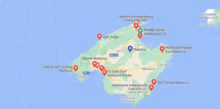 Kaart Mallorca surfscholen en suppen