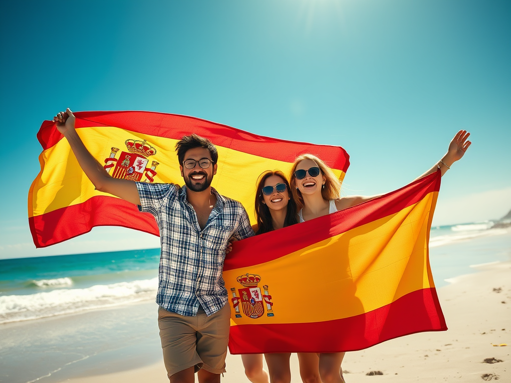 familie op vakantie in Spanje en ze dragen de Spaanse vlag